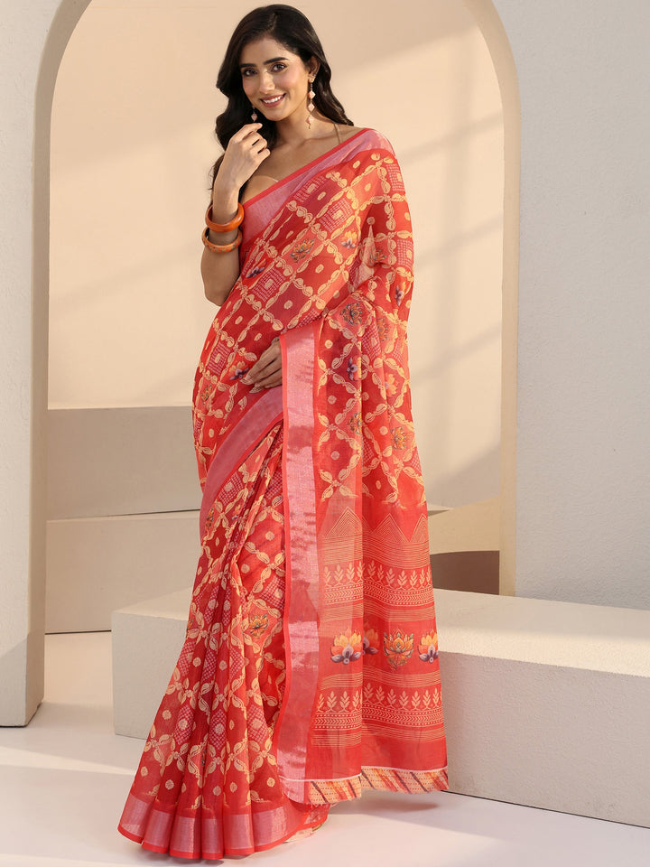 Libas Peach Ethnic Motif Printed cotton blend Saree
