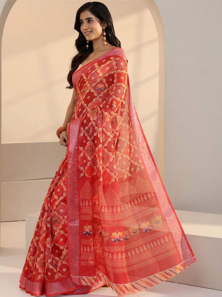 Libas Peach Ethnic Motif Printed cotton blend Saree