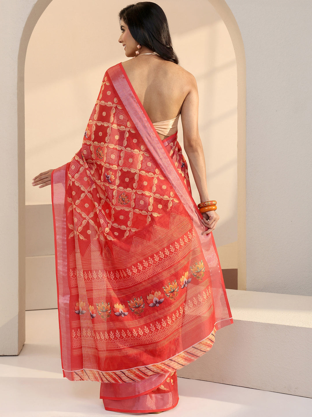 Libas Peach Ethnic Motif Printed cotton blend Saree