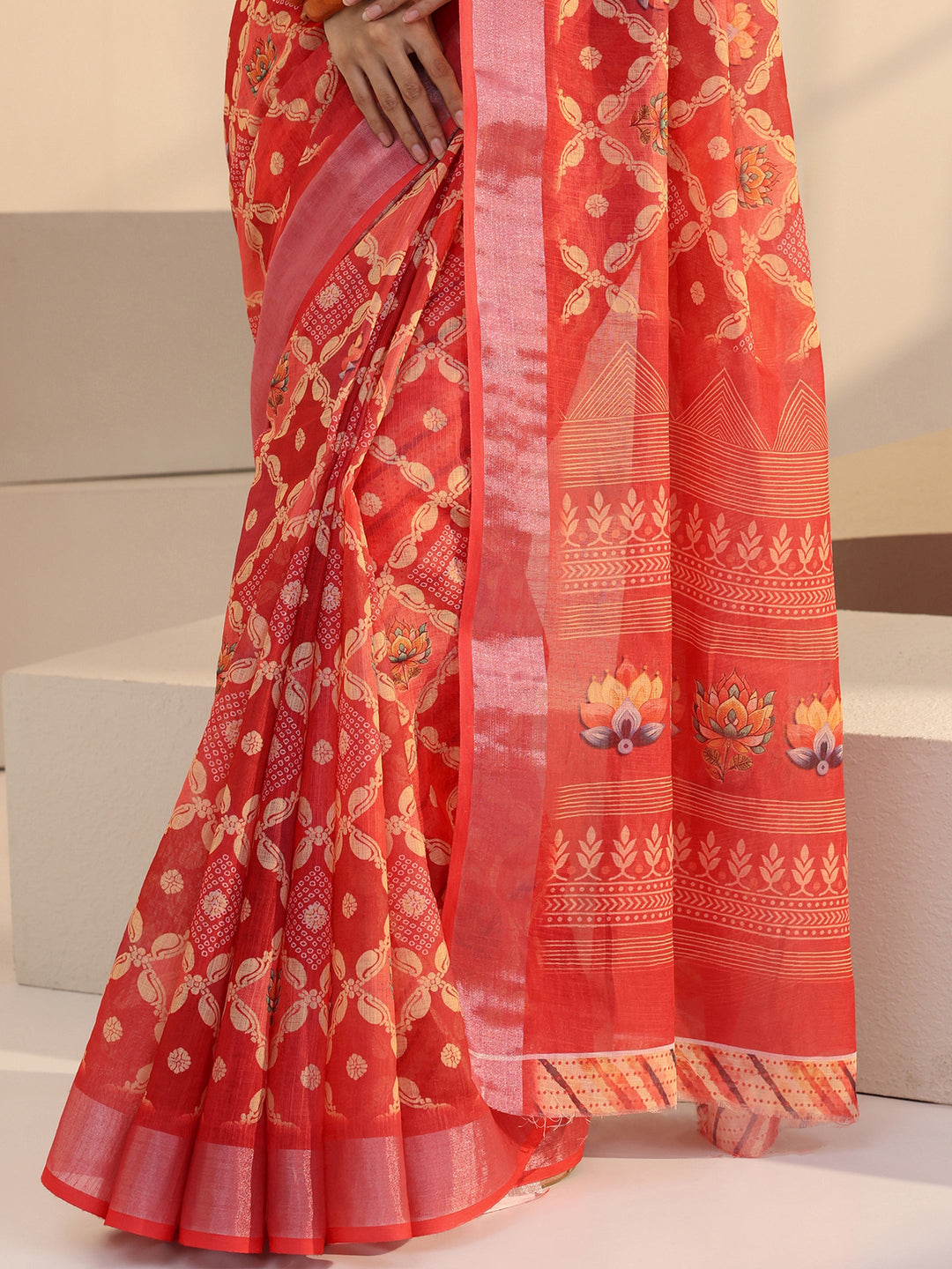 Libas Peach Ethnic Motif Printed cotton blend Saree