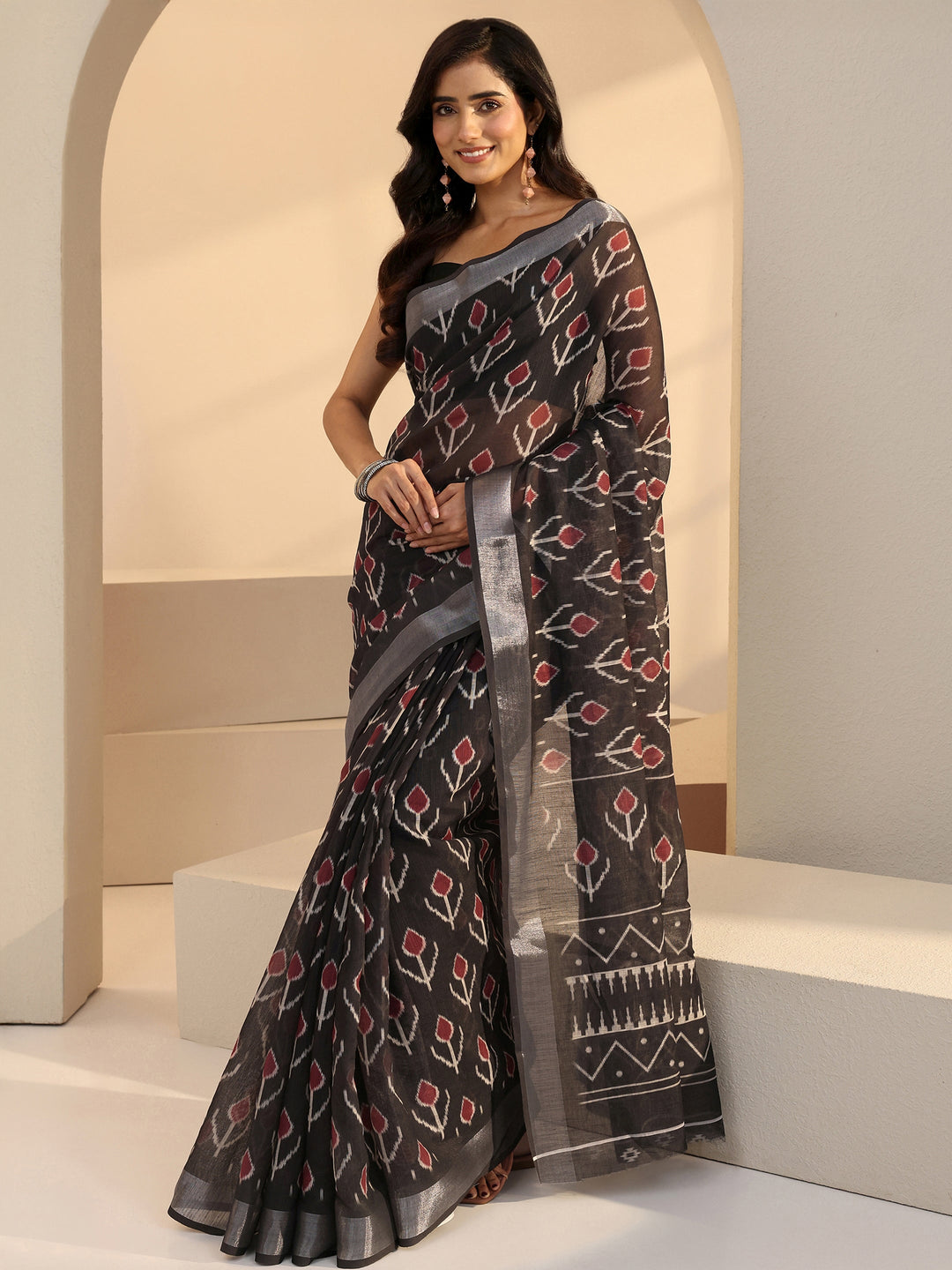 Libas Black Floral Printed cotton blend Saree