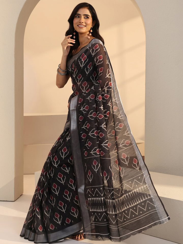 Libas Black Floral Printed cotton blend Saree