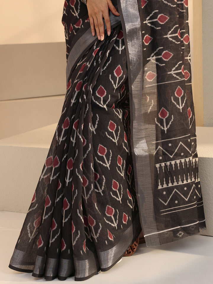 Libas Black Floral Printed cotton blend Saree