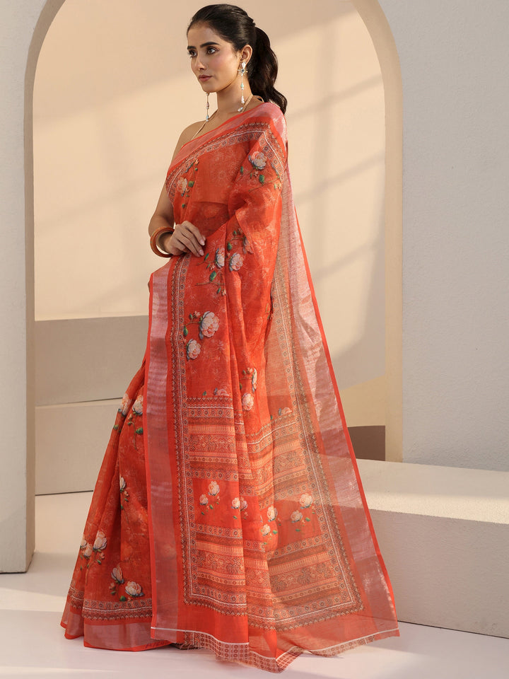 Libas Peach Floral Printed cotton blend Saree