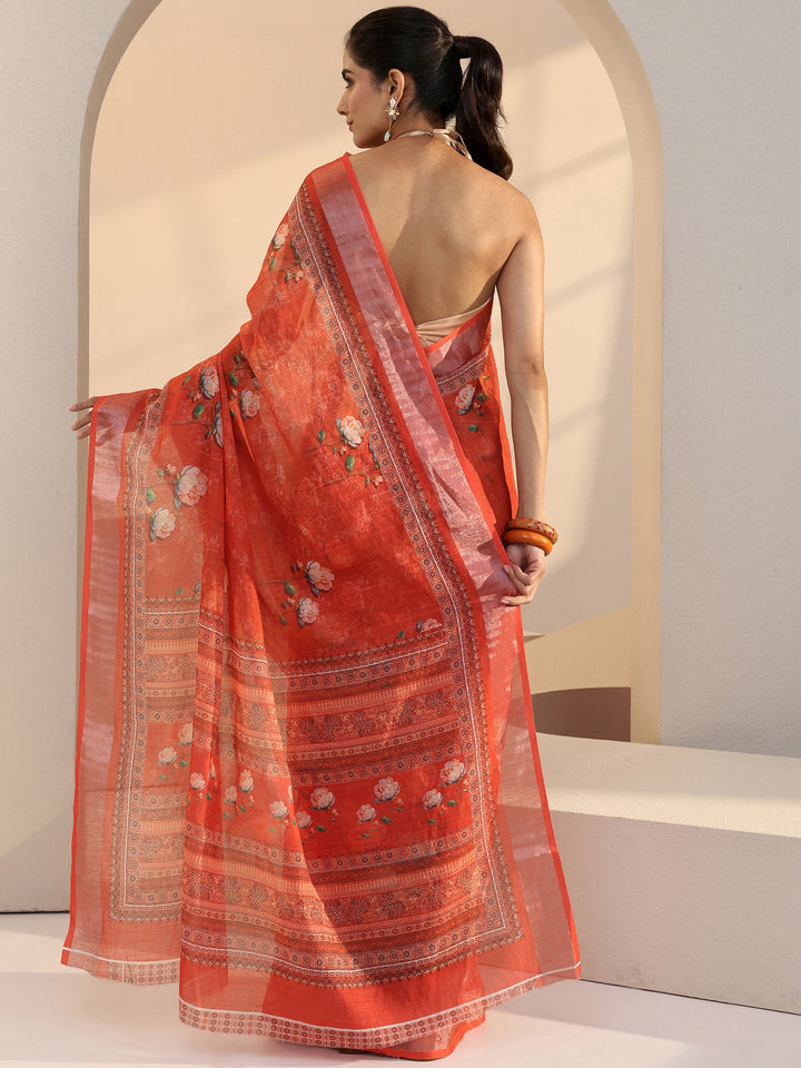 Libas Peach Floral Printed cotton blend Saree