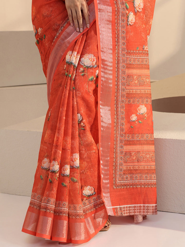 Libas Peach Floral Printed cotton blend Saree