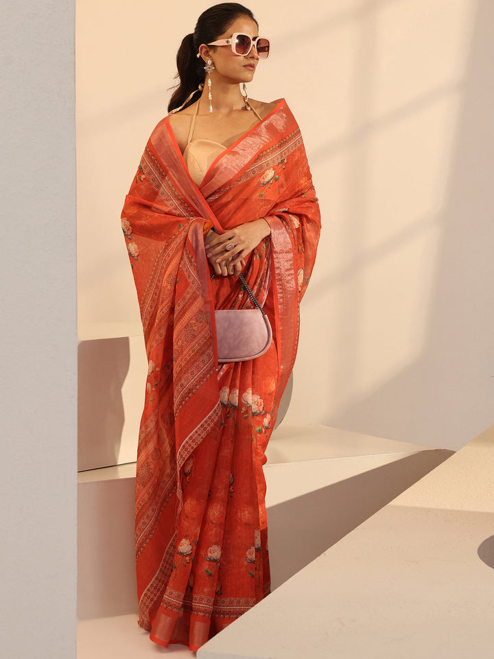 Libas Peach Floral Printed cotton blend Saree