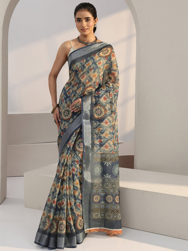 Libas Blue Abstract Printed cotton blend Saree