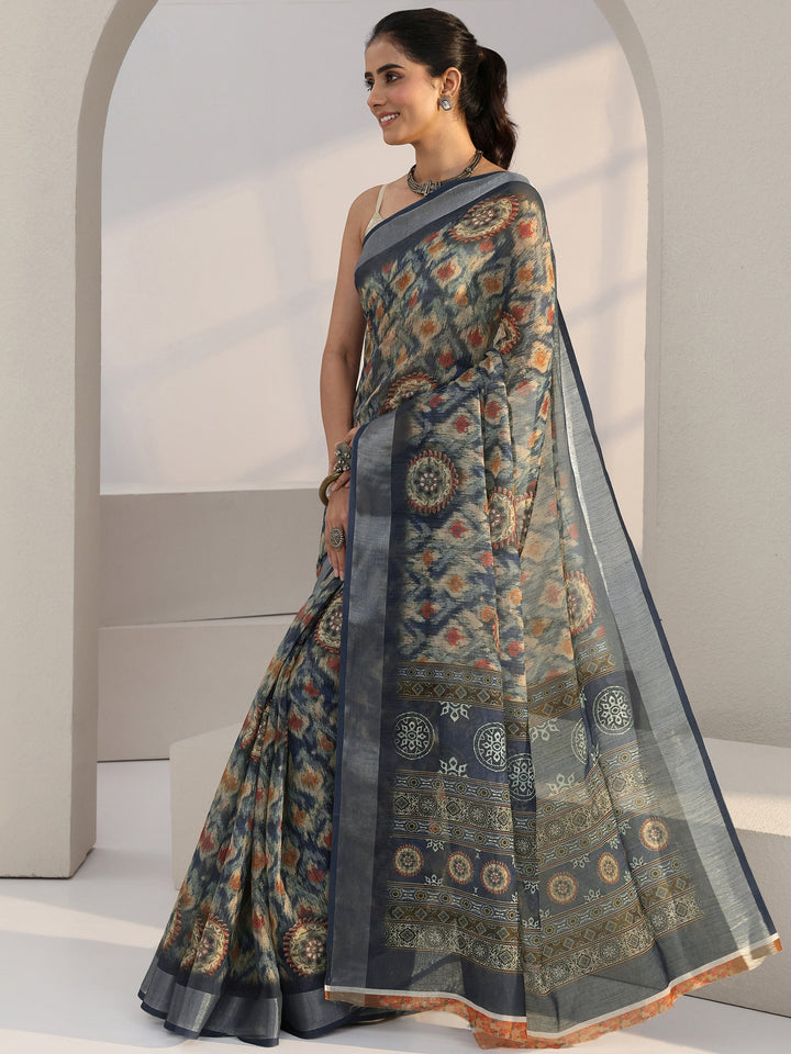 Libas Blue Abstract Printed cotton blend Saree
