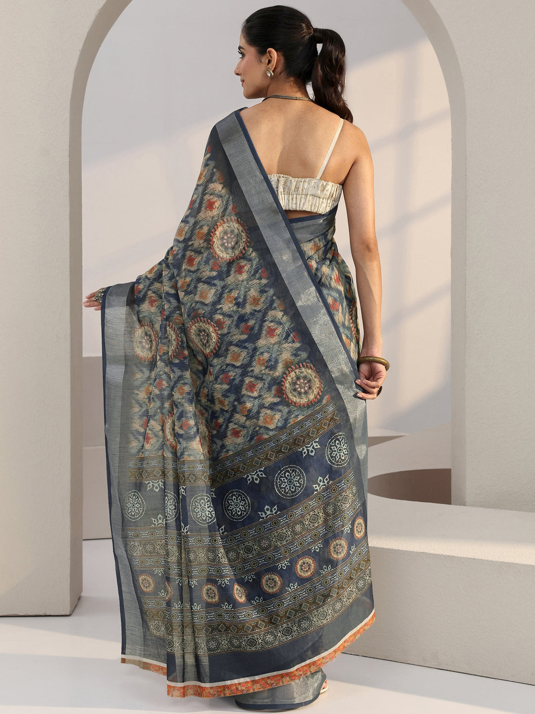 Libas Blue Abstract Printed cotton blend Saree