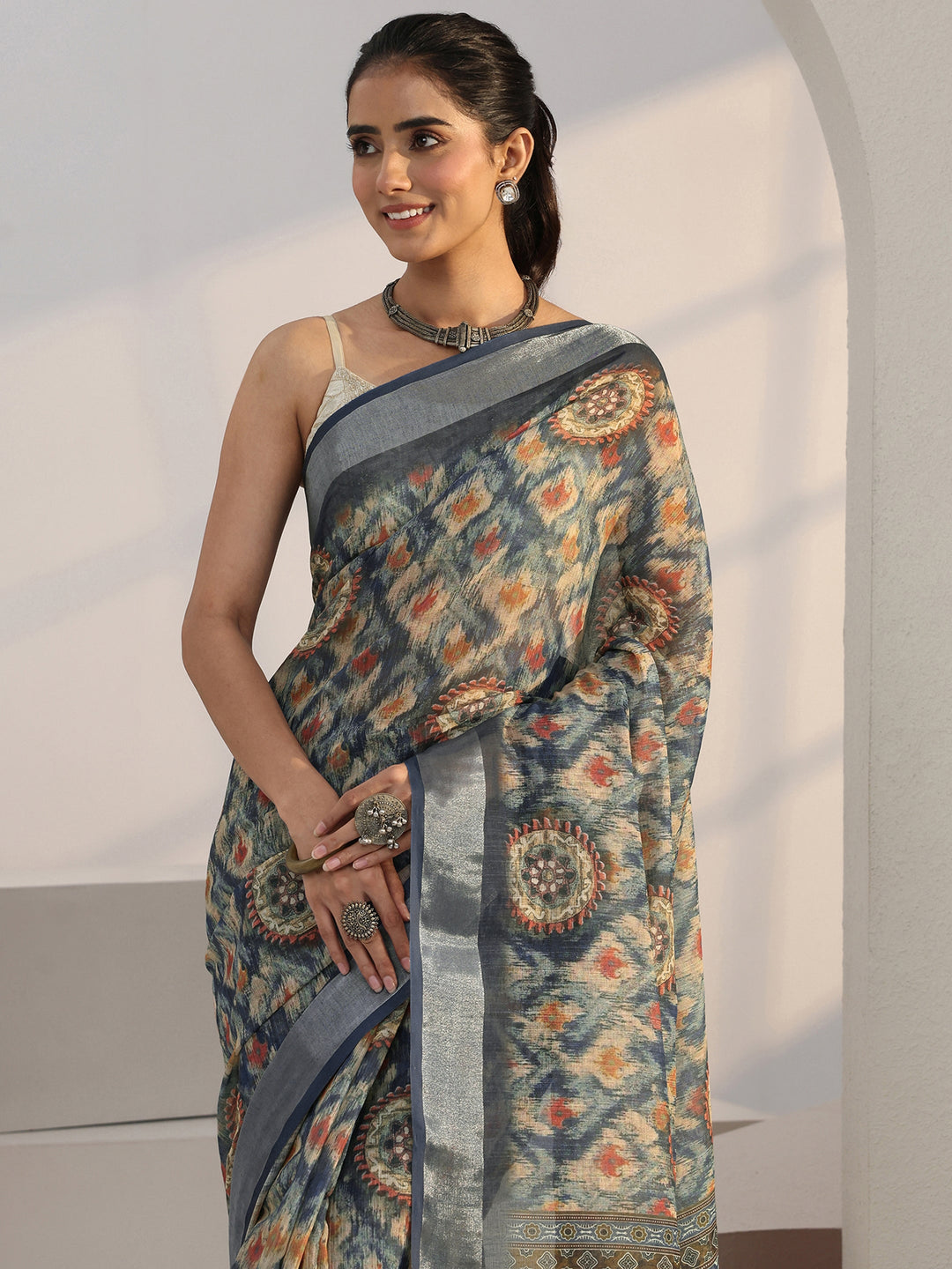 Libas Blue Abstract Printed cotton blend Saree