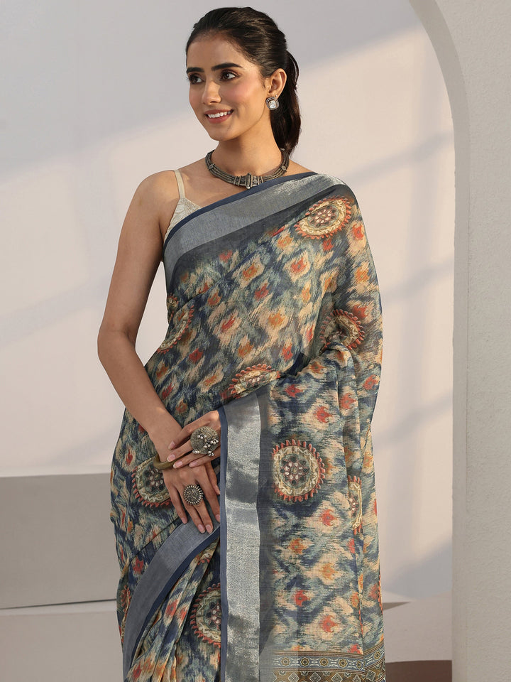 Libas Blue Abstract Printed cotton blend Saree