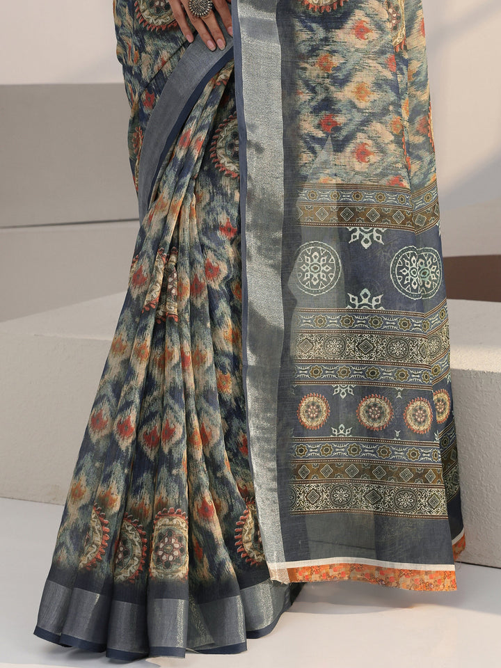 Libas Blue Abstract Printed cotton blend Saree