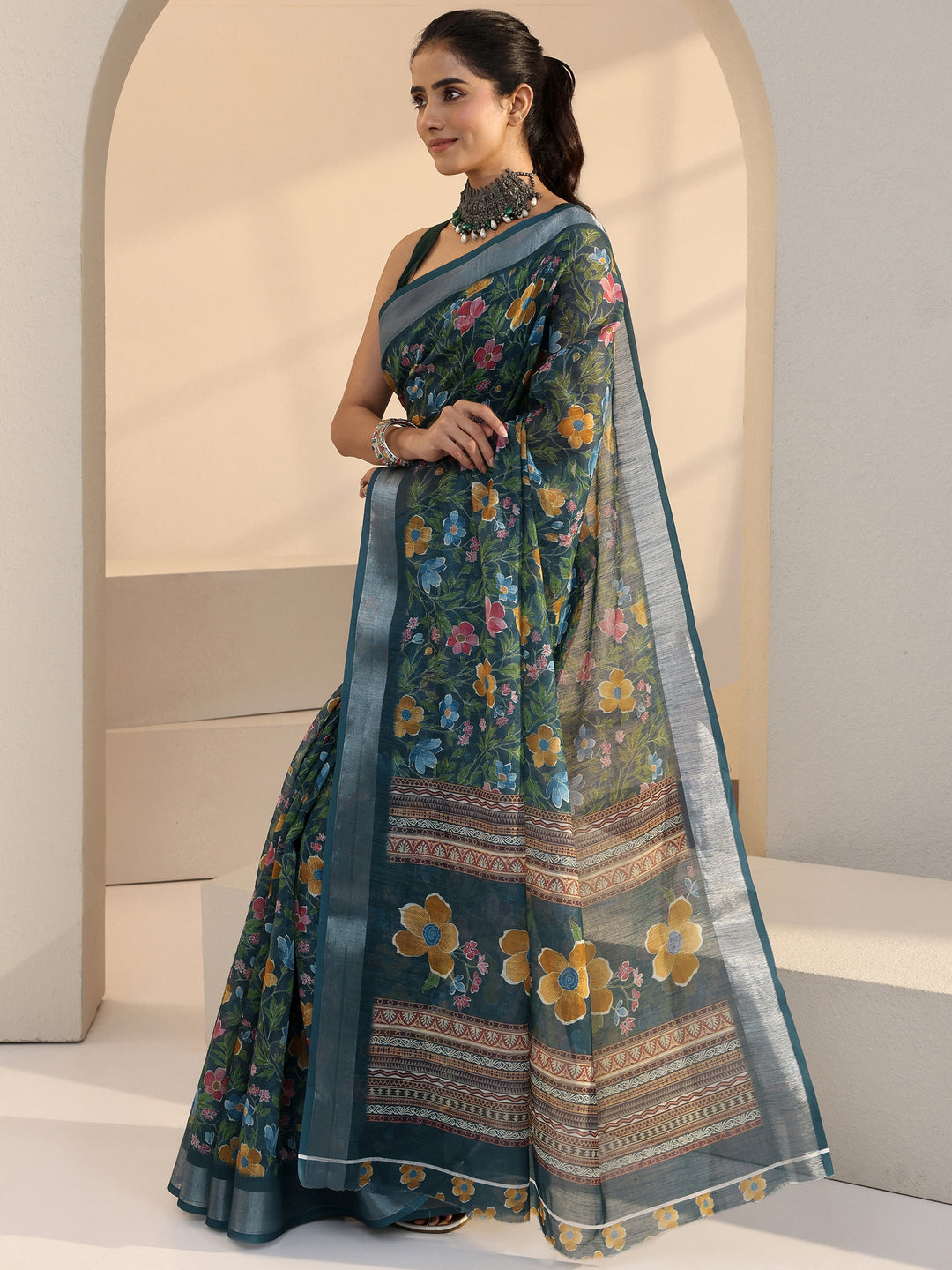 Libas Blue Floral Printed cotton blend Saree