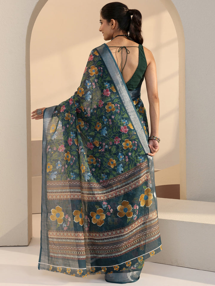 Libas Blue Floral Printed cotton blend Saree