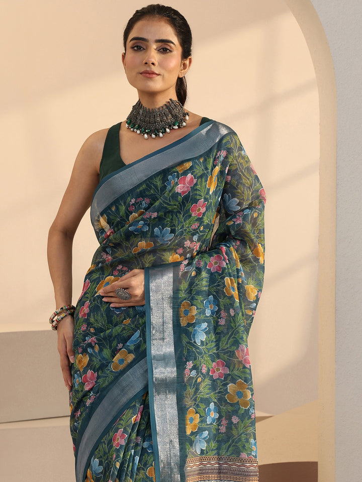 Libas Blue Floral Printed cotton blend Saree