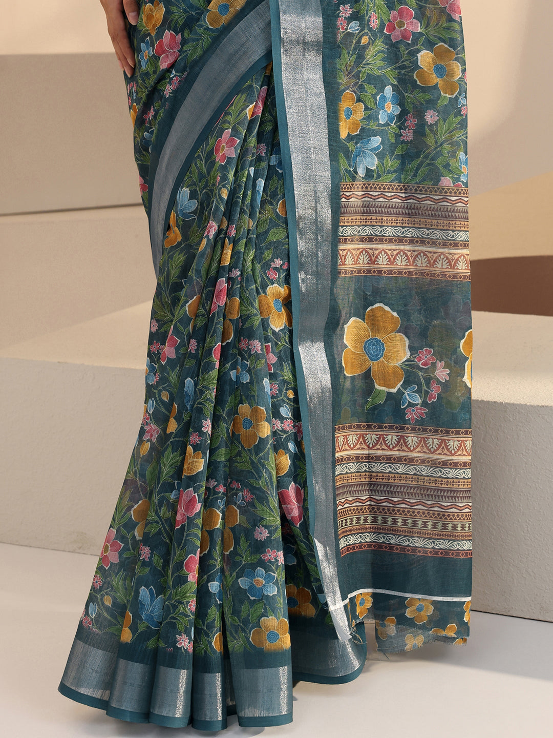 Libas Blue Floral Printed cotton blend Saree