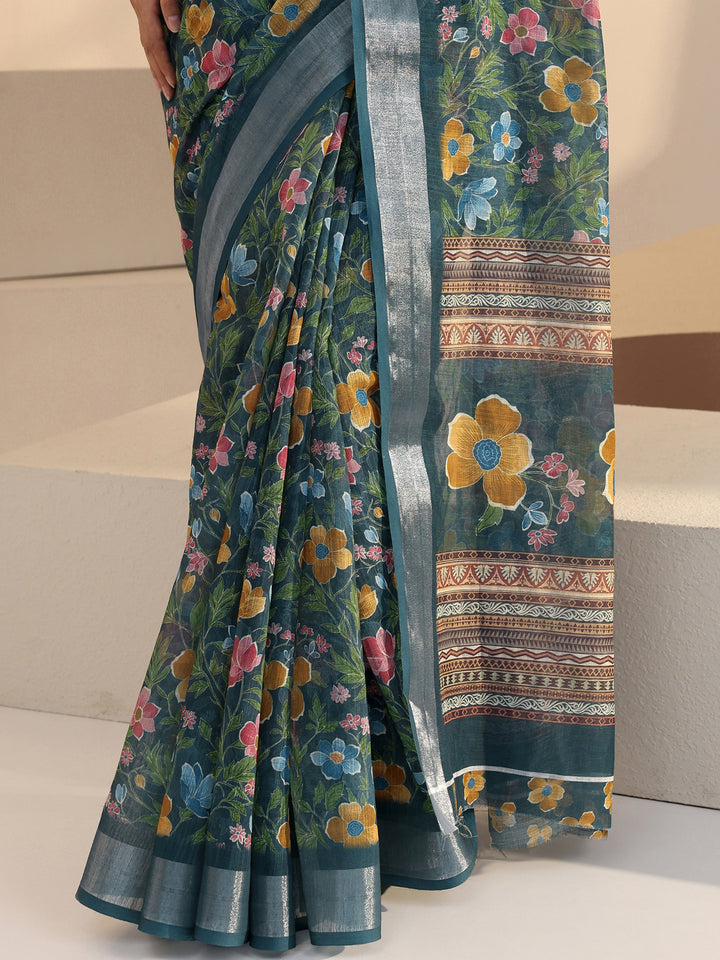 Libas Blue Floral Printed cotton blend Saree