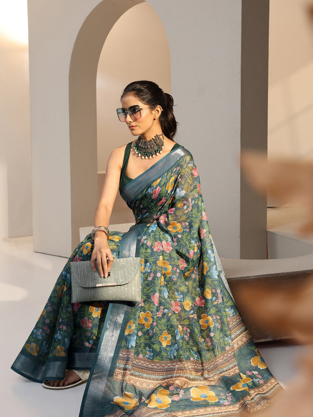 Libas Blue Floral Printed cotton blend Saree