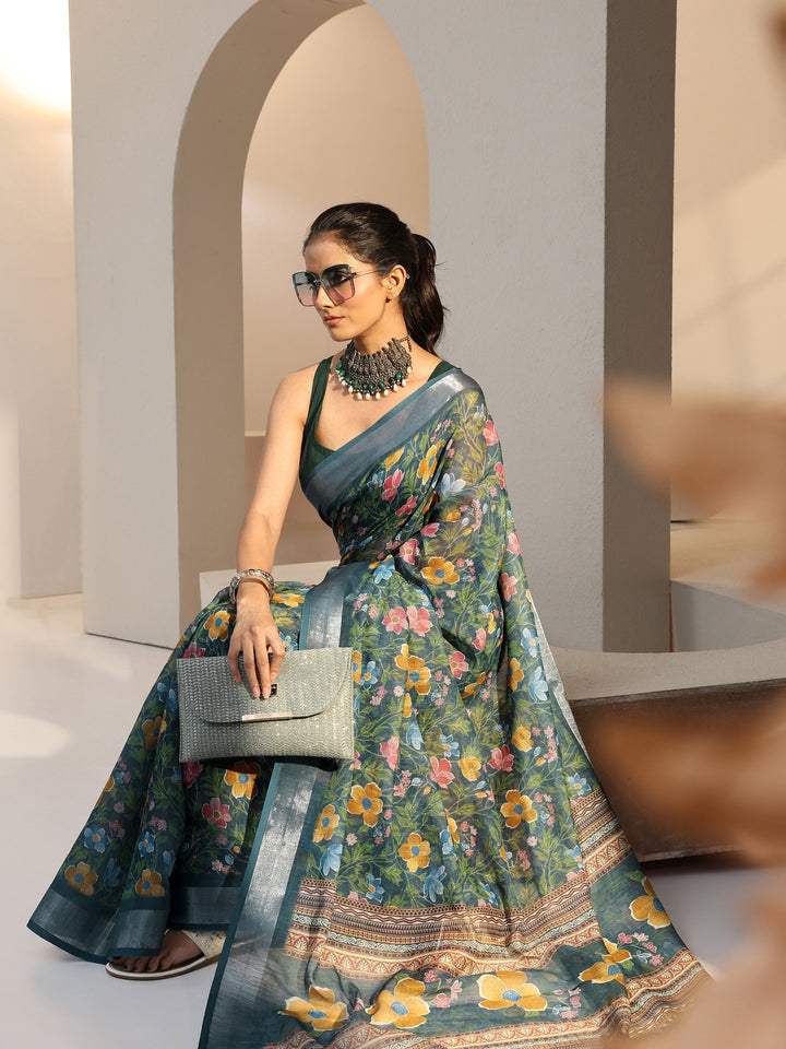 Libas Blue Floral Printed cotton blend Saree