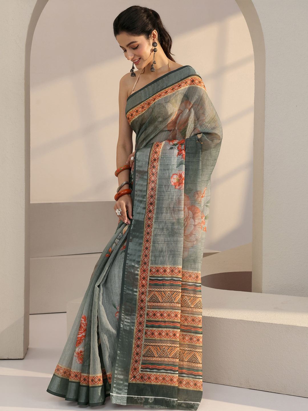 Libas Grey Floral Printed cotton blend Saree