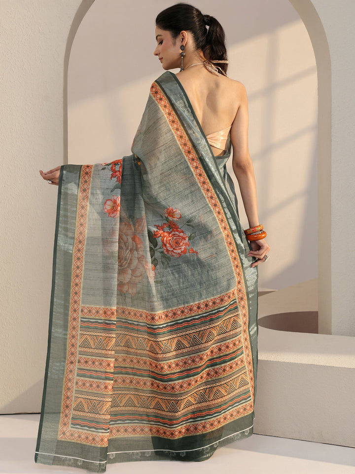 Libas Grey Floral Printed cotton blend Saree