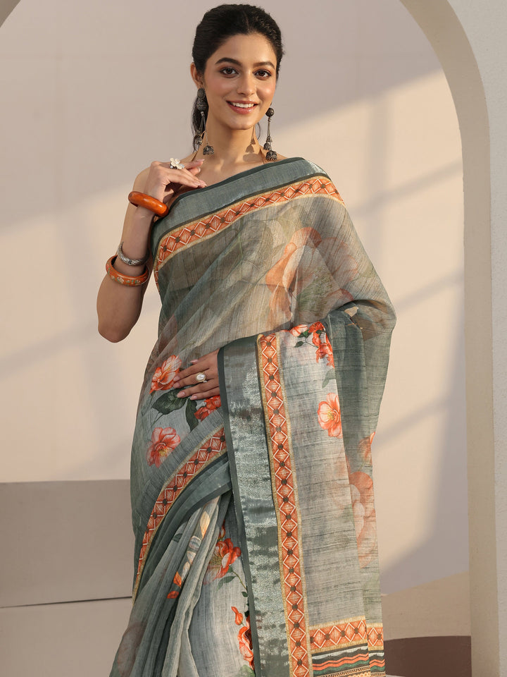 Libas Grey Floral Printed cotton blend Saree