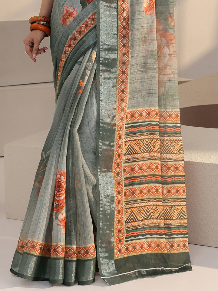 Libas Grey Floral Printed cotton blend Saree