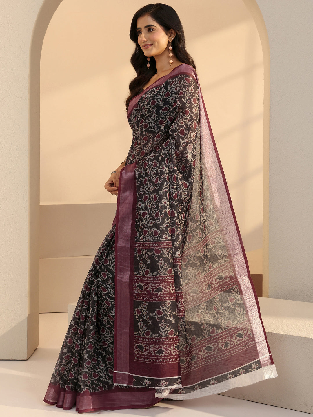 Libas Black Floral Printed cotton blend Saree
