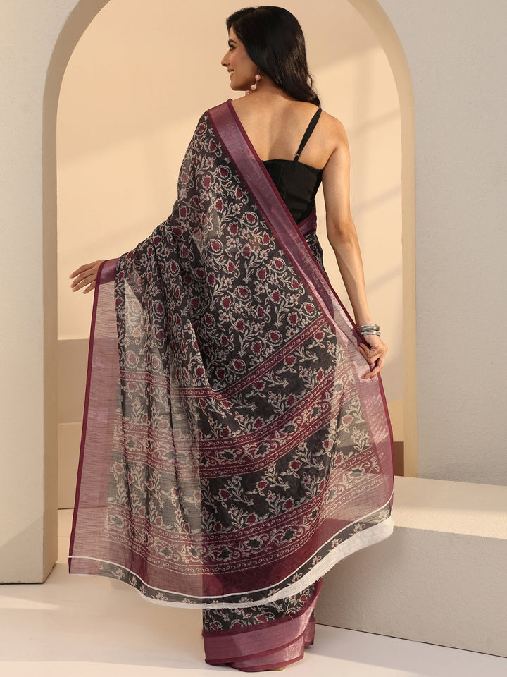 Libas Black Floral Printed cotton blend Saree