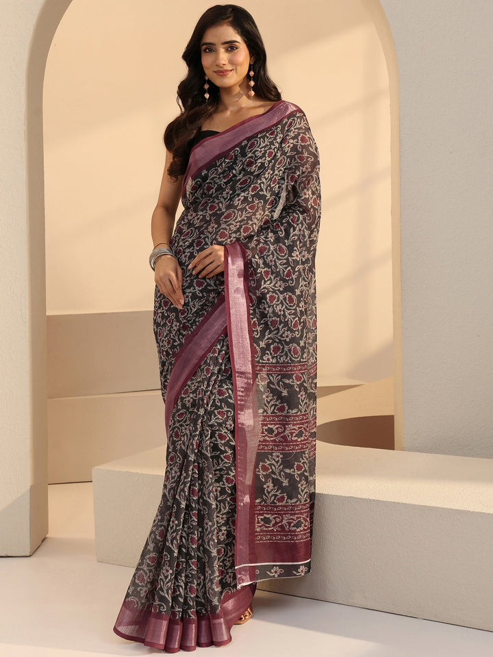 Libas Black Floral Printed cotton blend Saree