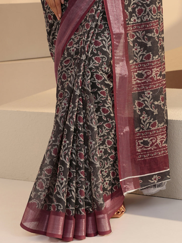Libas Black Floral Printed cotton blend Saree