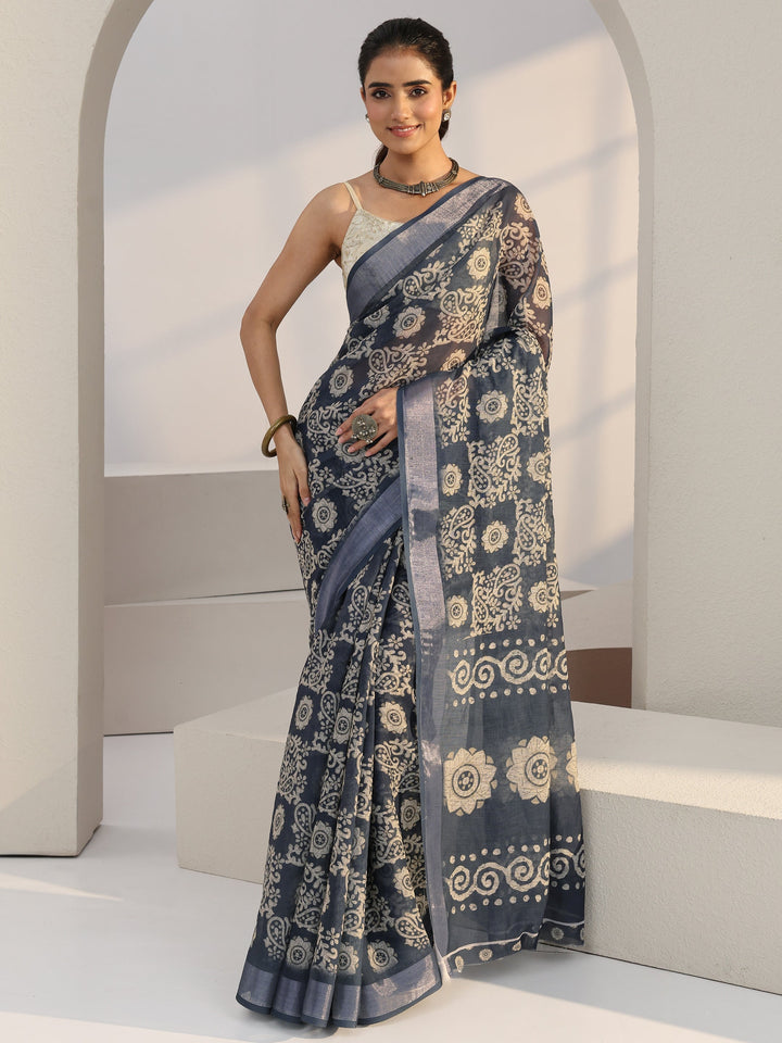 Libas Blue Paisley Printed cotton blend Saree