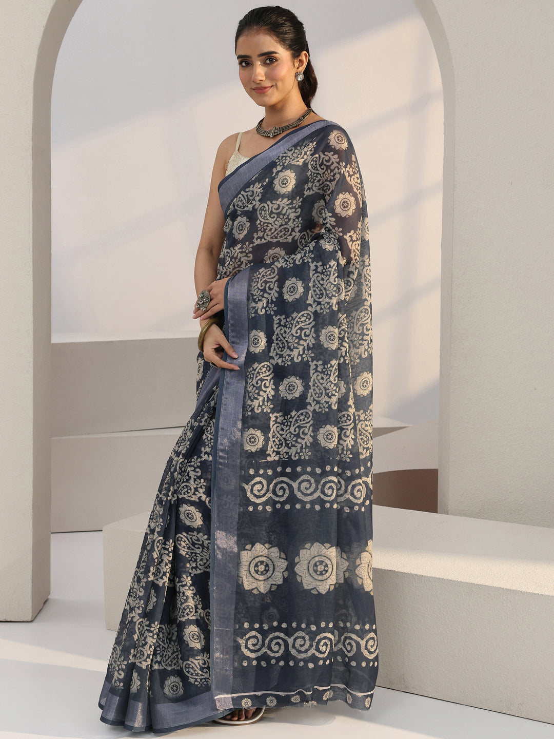 Libas Blue Paisley Printed cotton blend Saree