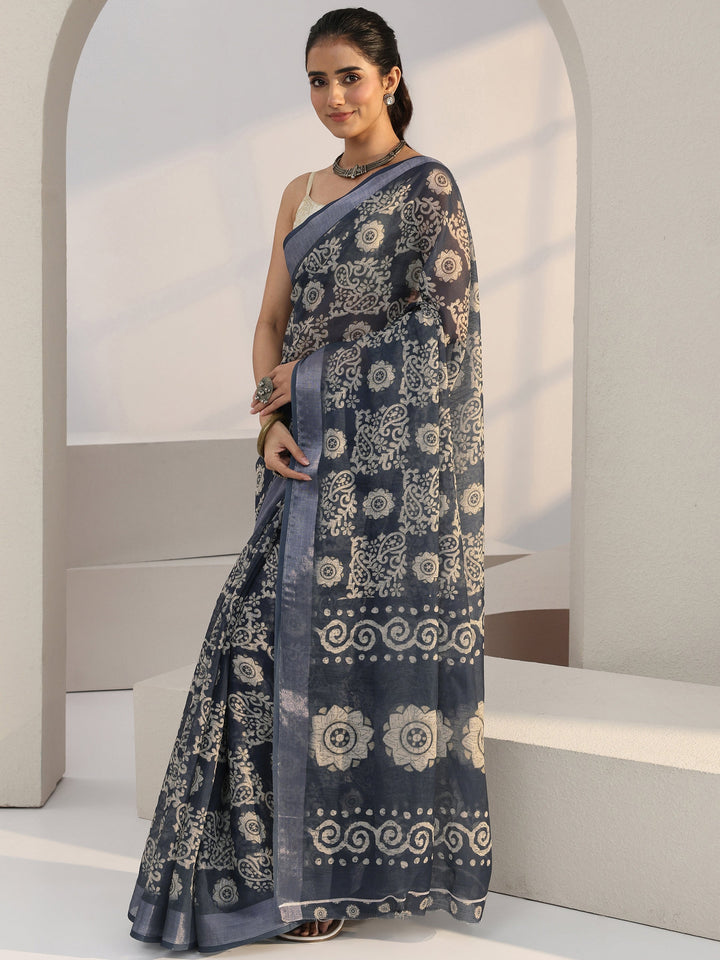 Libas Blue Paisley Printed cotton blend Saree