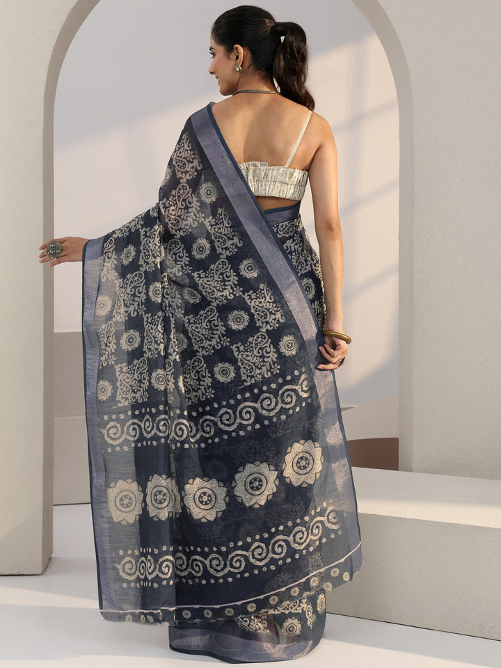 Libas Blue Paisley Printed cotton blend Saree
