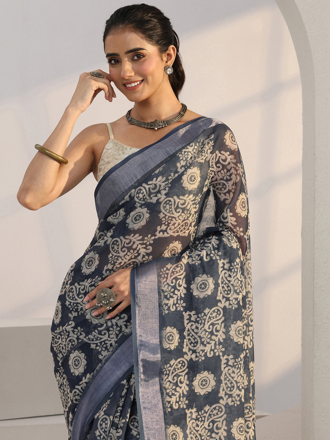Libas Blue Paisley Printed cotton blend Saree