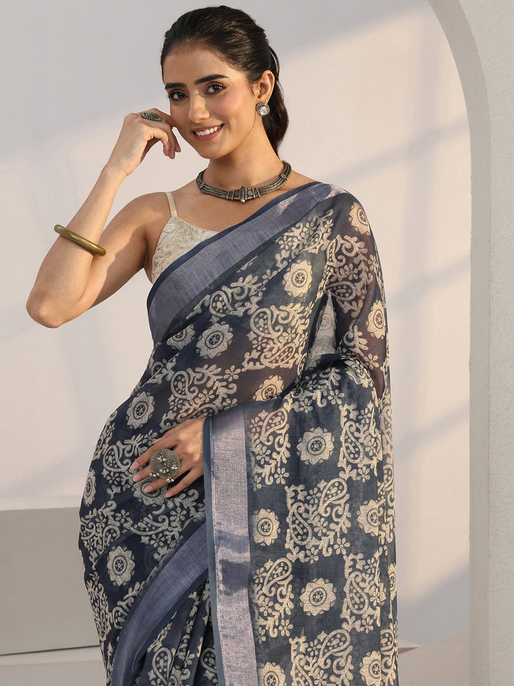Libas Blue Paisley Printed cotton blend Saree