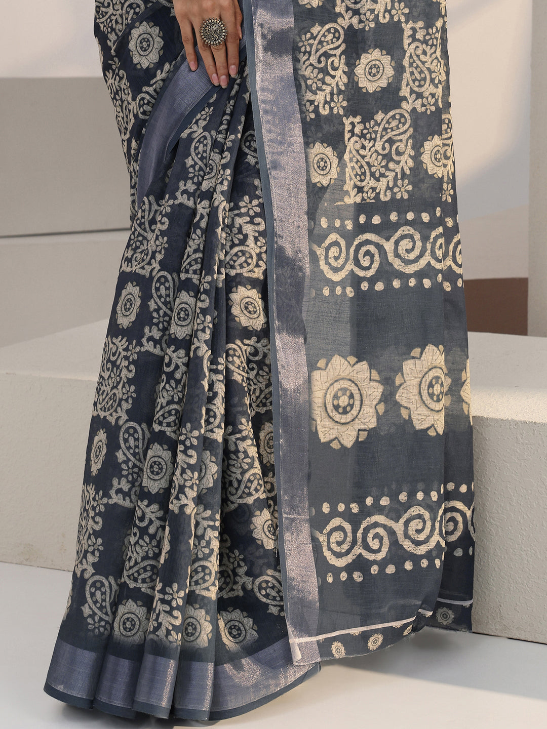 Libas Blue Paisley Printed cotton blend Saree