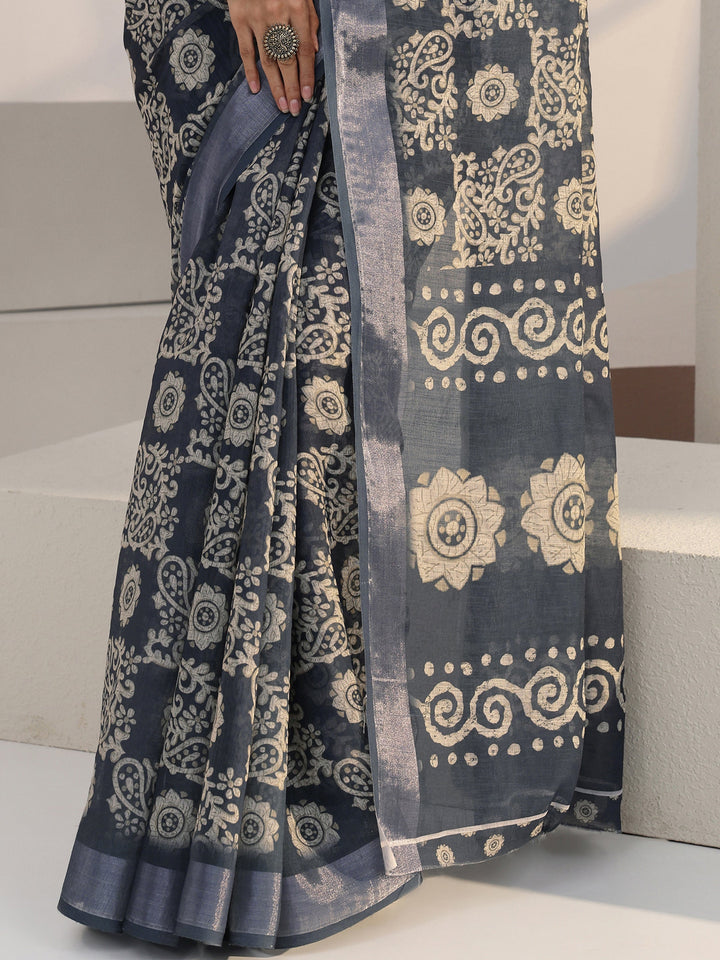 Libas Blue Paisley Printed cotton blend Saree
