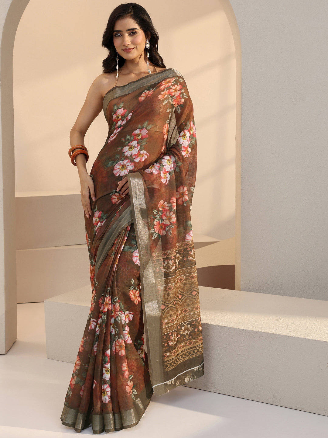 Libas Brown Floral Print Cotton Blend Saree