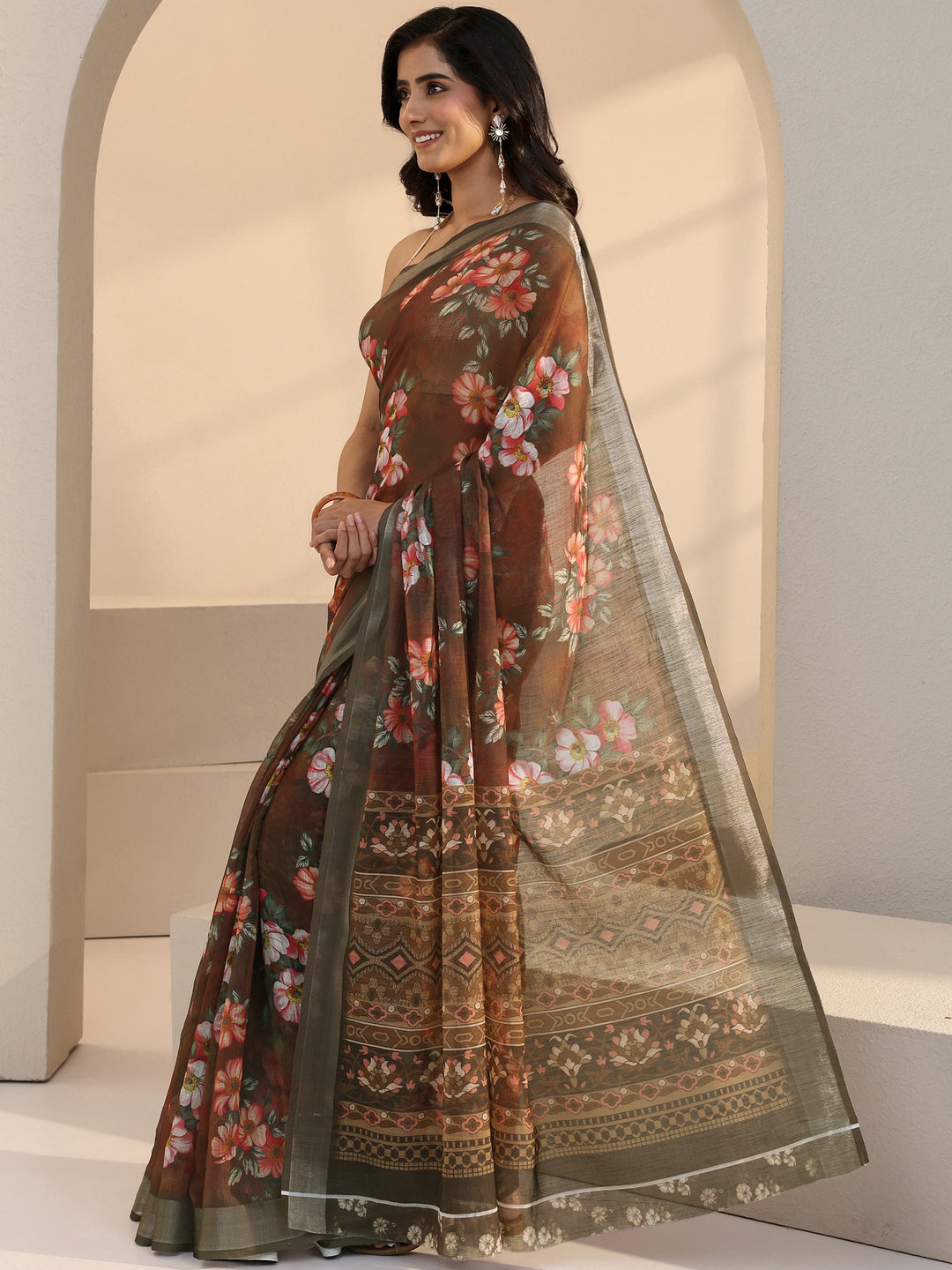 Libas Brown Floral Print Cotton Blend Saree
