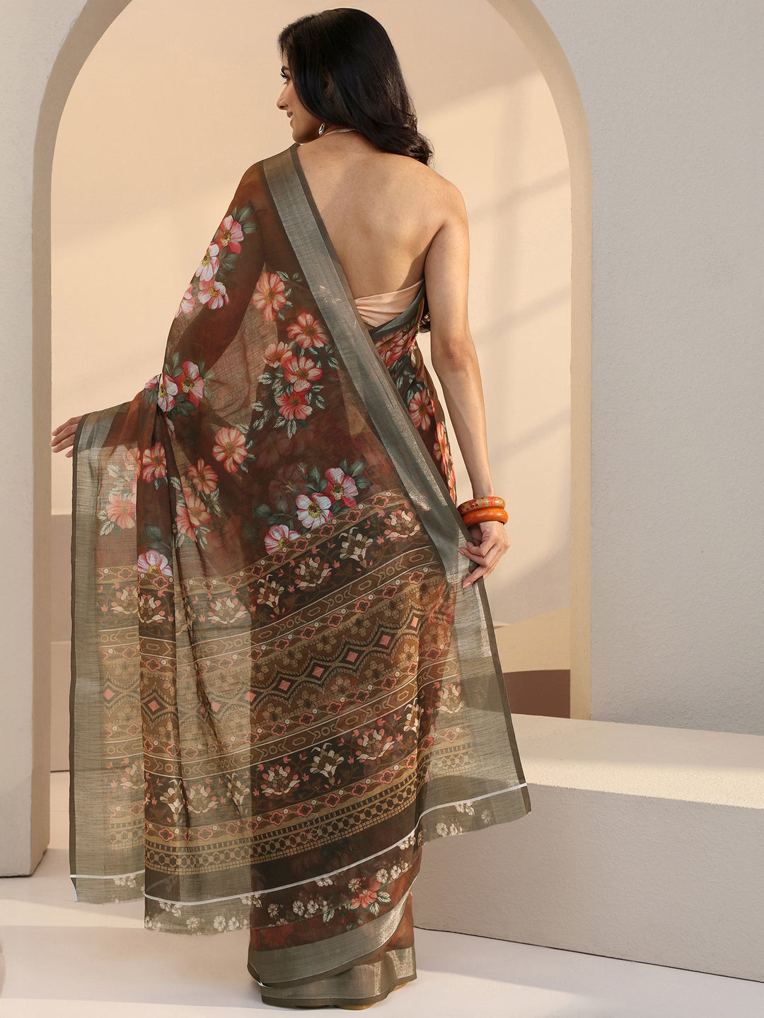 Libas Brown Floral Print Cotton Blend Saree
