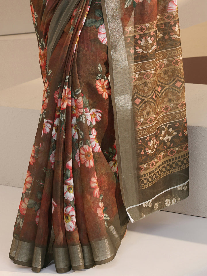 Libas Brown Floral Print Cotton Blend Saree