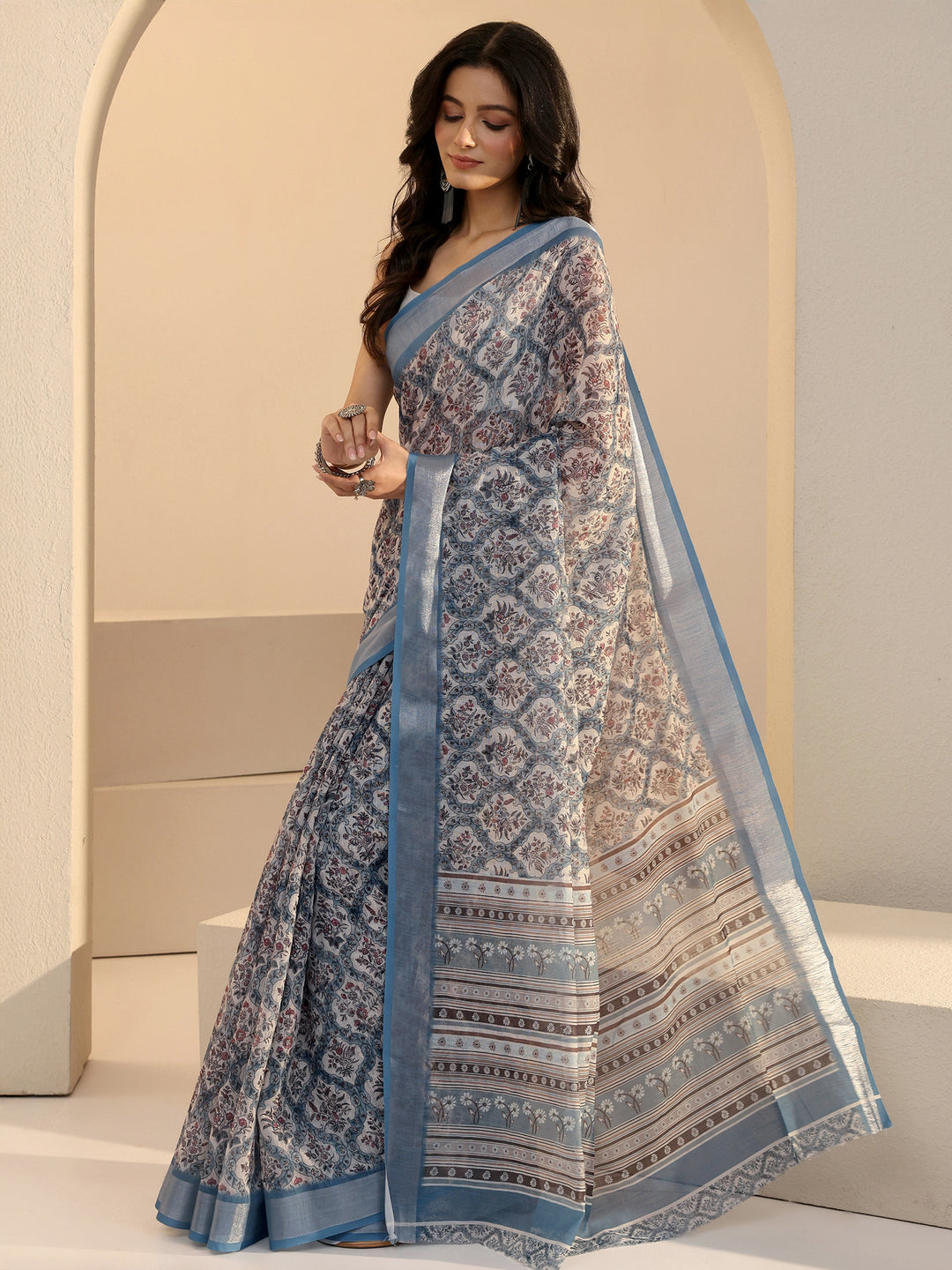 Libas Blue Floral Printed cotton blend Saree