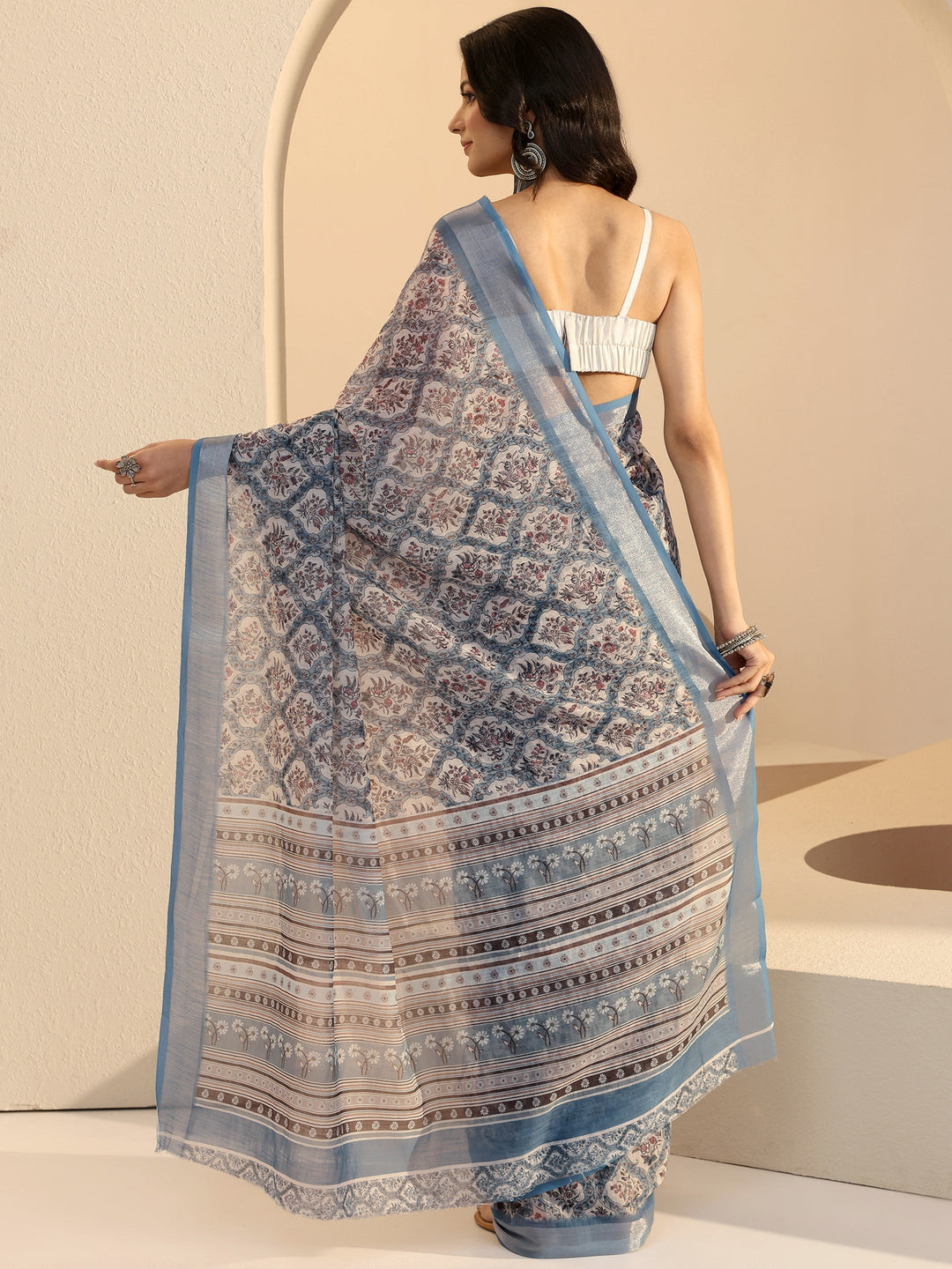 Libas Blue Floral Printed cotton blend Saree