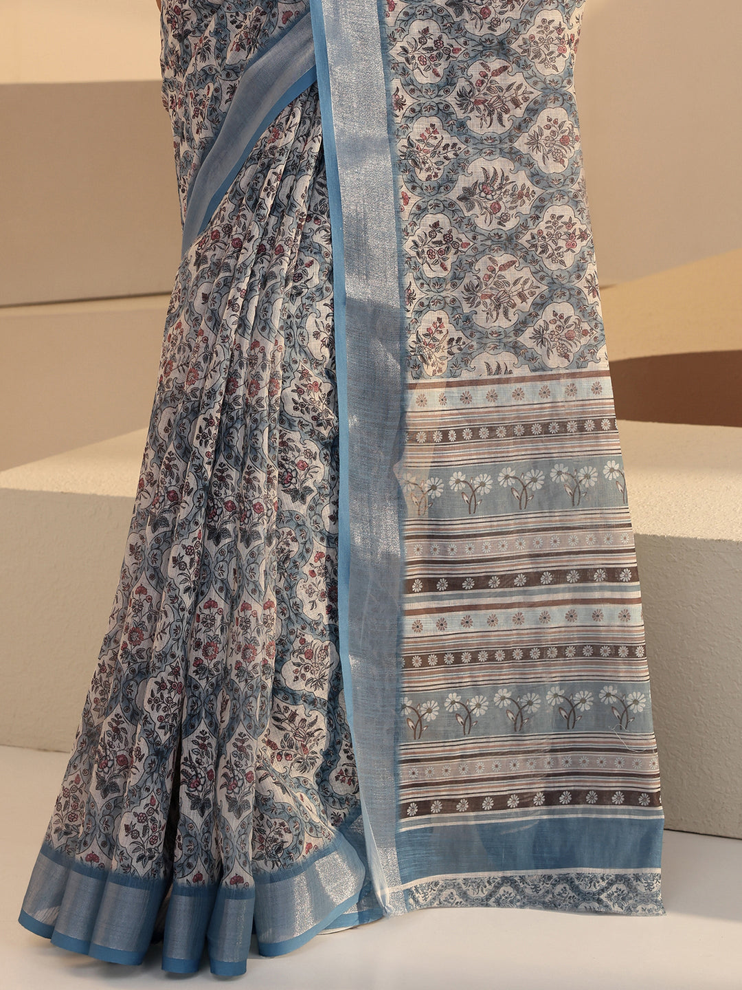 Libas Blue Floral Printed cotton blend Saree