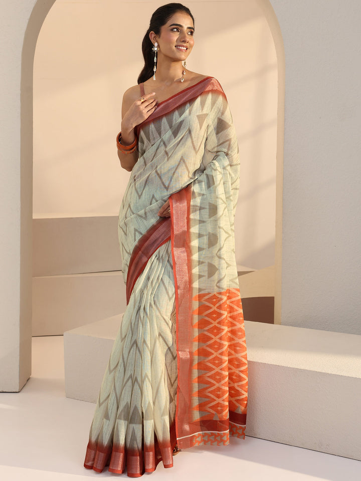 Libas Beige Chevron Printed cotton blend Saree