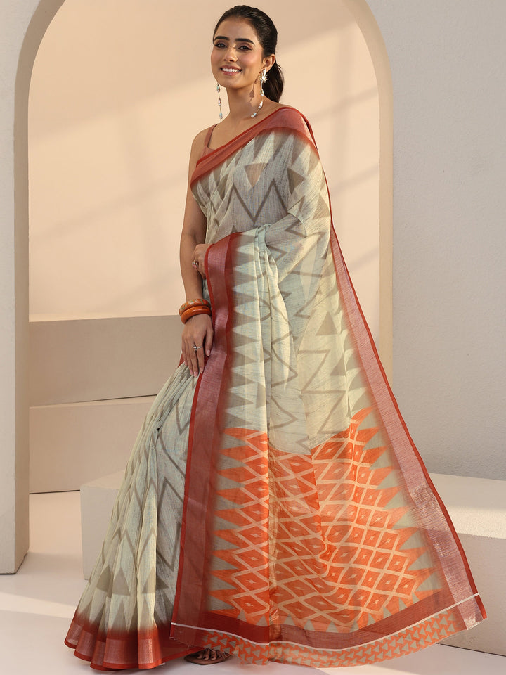 Libas Beige Chevron Printed cotton blend Saree