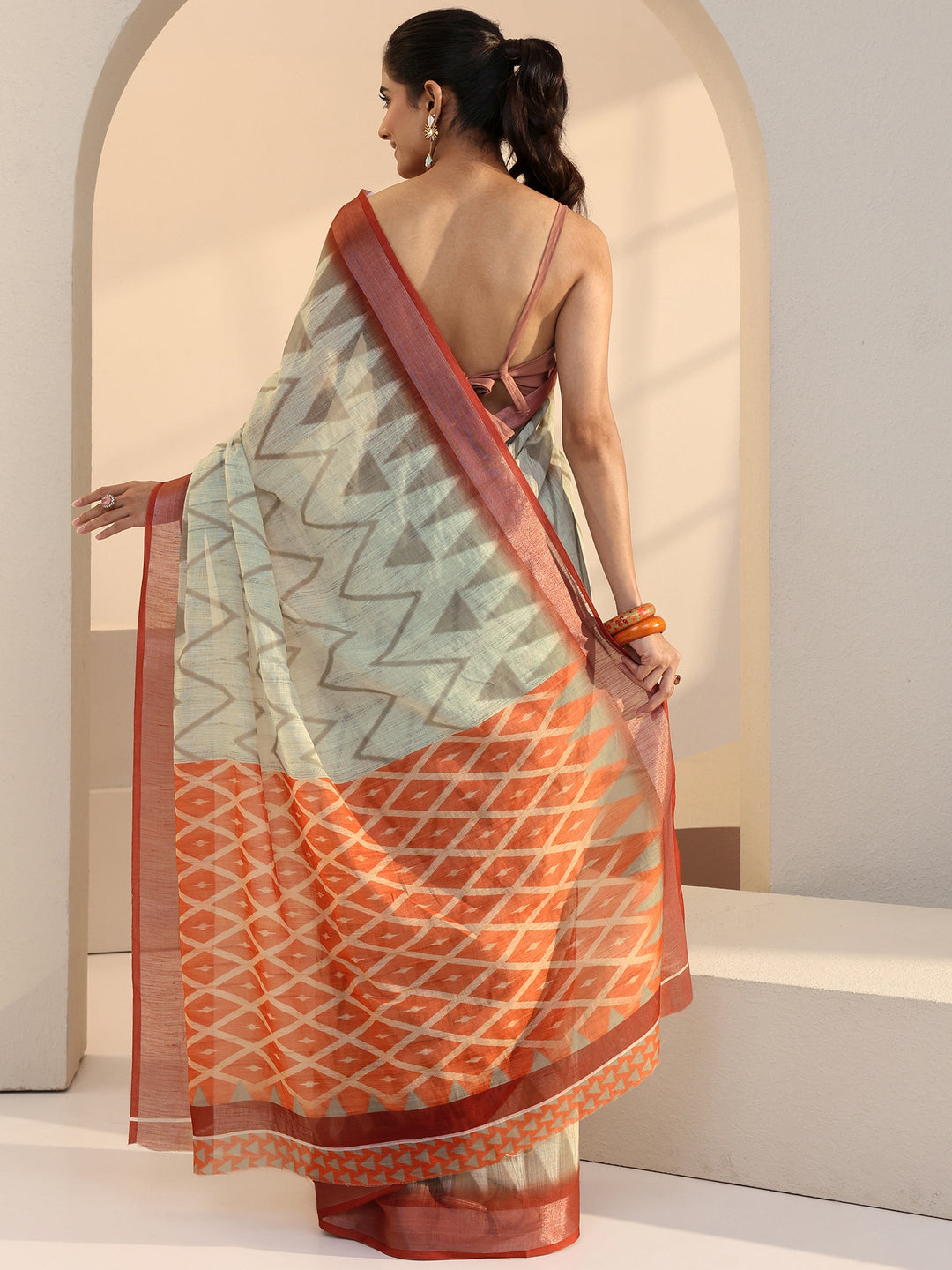 Libas Beige Chevron Printed cotton blend Saree